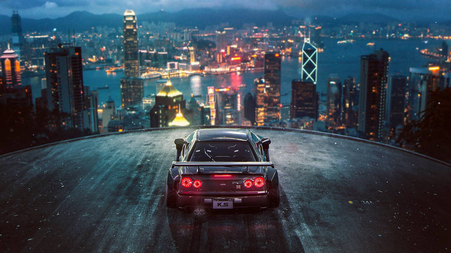 1920 X 1080 Night City Black Sports Car Wallpaper