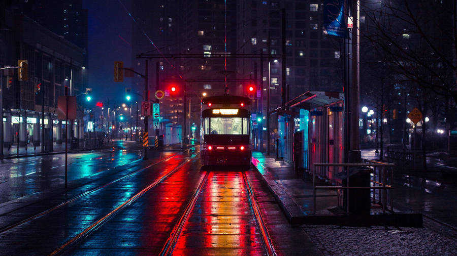 1920 X 1080 Night City Bus Wallpaper