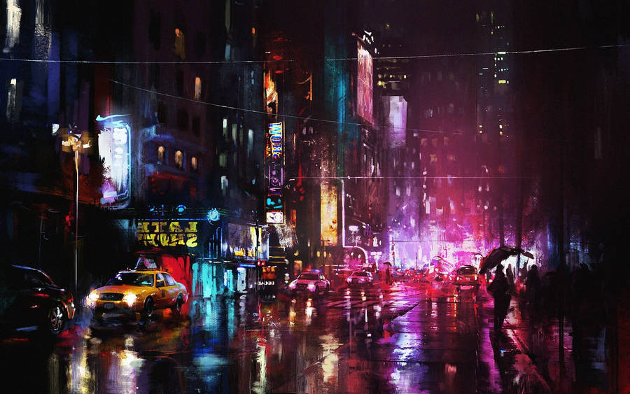 1920 X 1080 Night City Painted Artwork Wallpaper