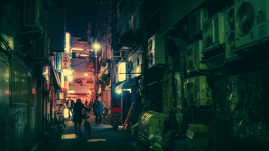 1920x1080 Wallpaper : Street, Night, Neon, Bicycle, Road, Green, Japanese Wallpaper