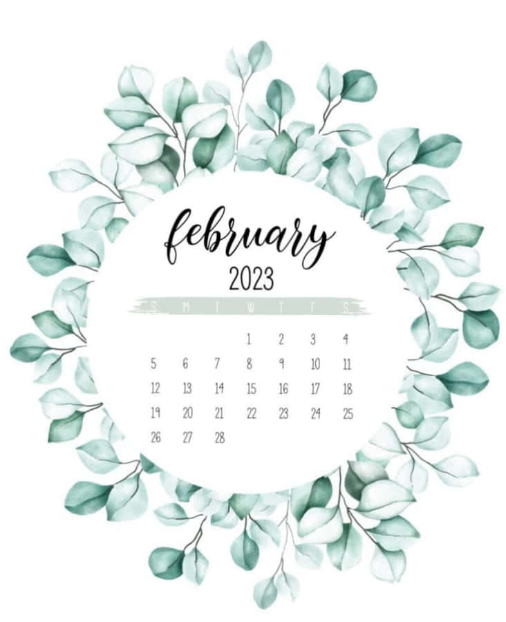 2023 February Calendar Leaf Wreath Wallpaper