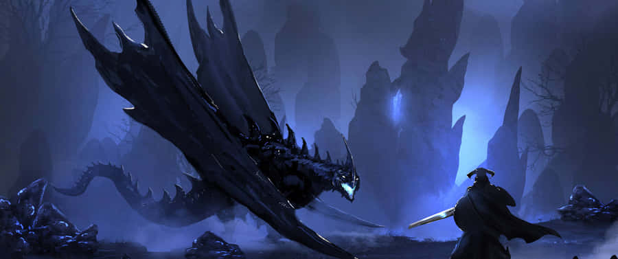 3440x1440 Dragon Blue Aesthetic Cave Wallpaper