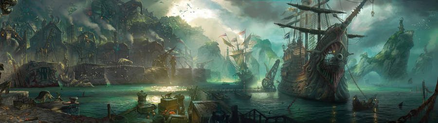 3840x1080 Hd Dual Monitor Pirate Ships Wallpaper