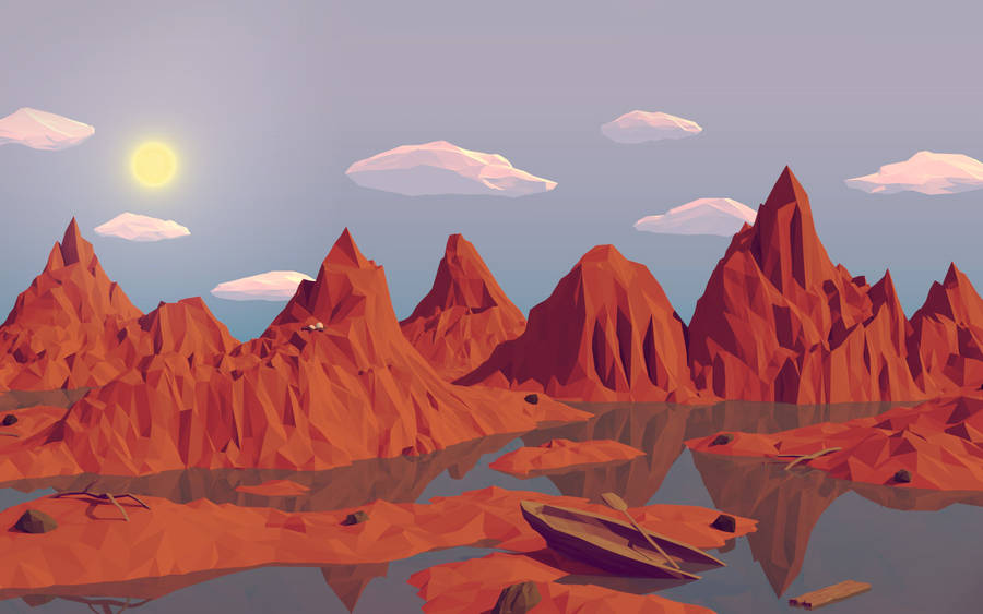 3840x2400 Low Poly Art Mountain Red Illust Art Wallpaper