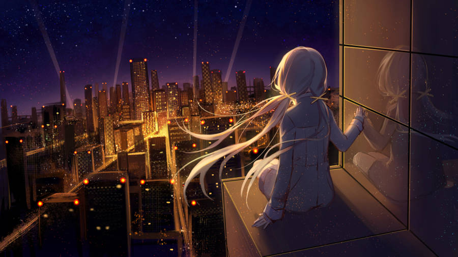 8k Anime Girl Overlooking City Wallpaper