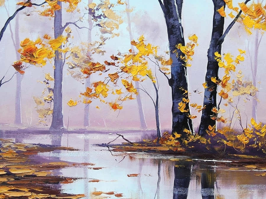 A Beautiful Oil Painting Of A Sunrise Over A Lake. Wallpaper