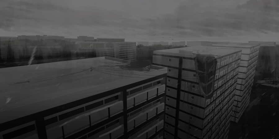 A Black And White Drawing Of A City With Buildings Wallpaper