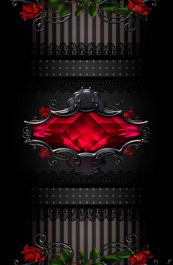 A Black Background With Red Roses And A Red Jewel Wallpaper