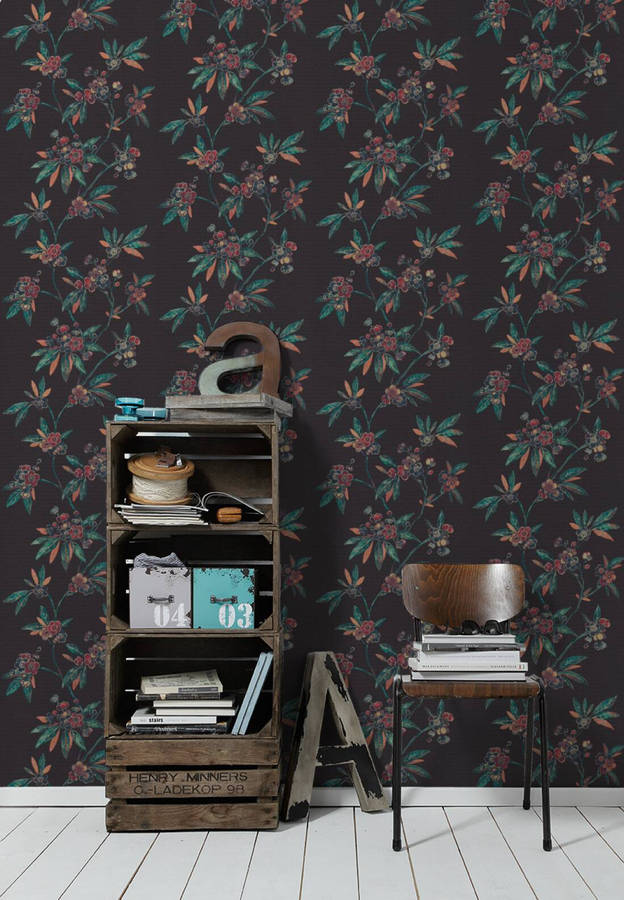A Black Wall With A Floral Pattern Wallpaper