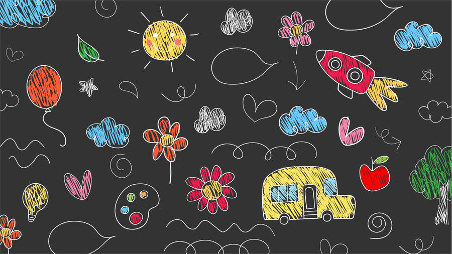 A Blackboard With A Drawing Of A Car, A Truck, And Other Objects Wallpaper