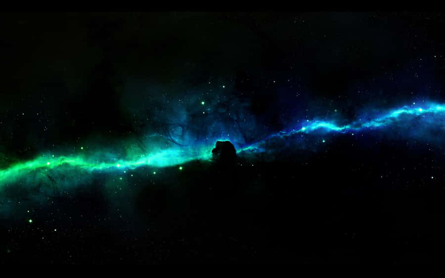 A Blue And Green Space With A Spaceship In The Background Wallpaper