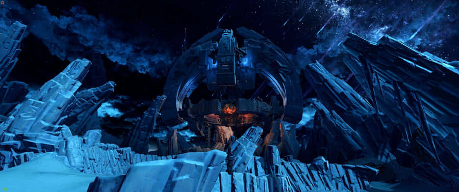 A Blue And White Scene With A Large Spaceship Wallpaper