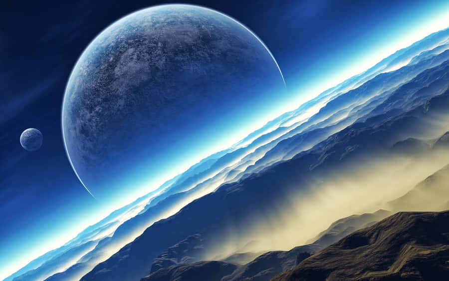 A Blue Planet With Two Moons In The Background Wallpaper