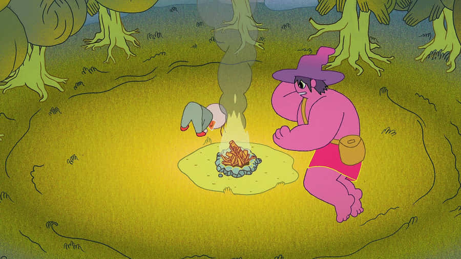 A Cartoon Character Is Sitting Around A Campfire In The Woods Wallpaper