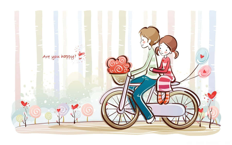 A Cartoon Couple Riding A Bicycle With Hearts Wallpaper