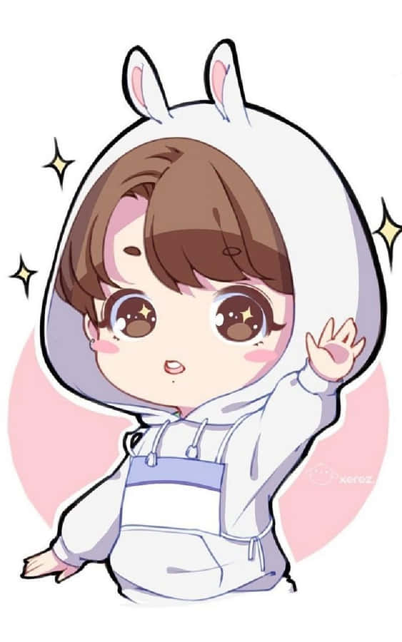 A Cartoon Of A Boy In A Bunny Hoodie Waving Wallpaper