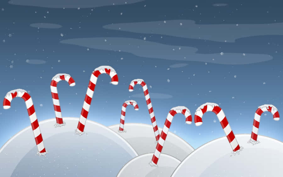 A Christmas Card With Candy Canes On A Snowy Background Wallpaper