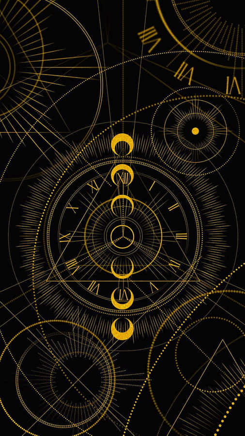 A Clock With Gold Lines On A Black Background Wallpaper