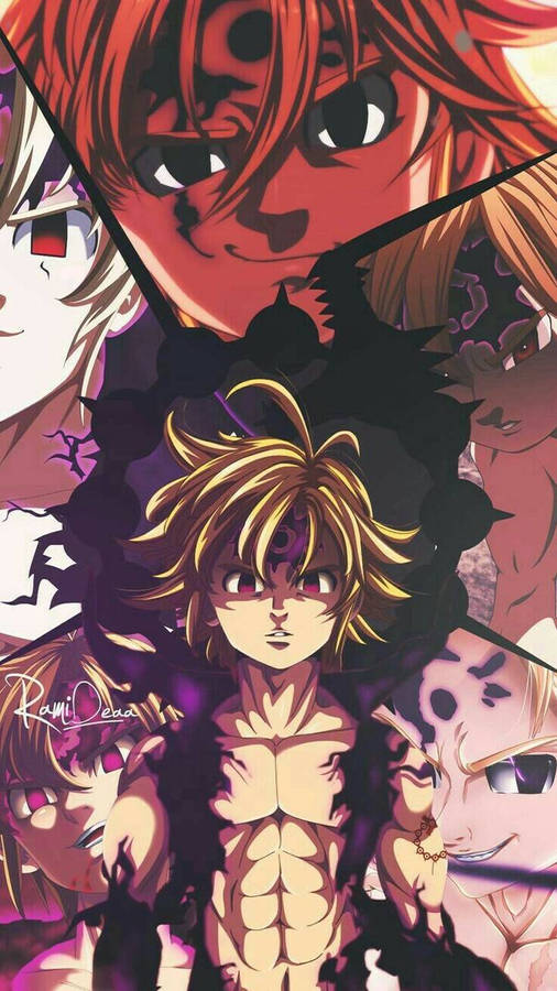 A Collage Artwork Of Meliodas, Hero Of The Seven Deadly Sins, Stands Tall Amid Chaos. Wallpaper