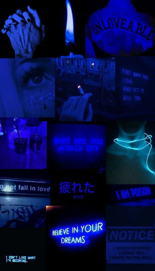 A Collage Of Blue Pictures With Words And Words Wallpaper
