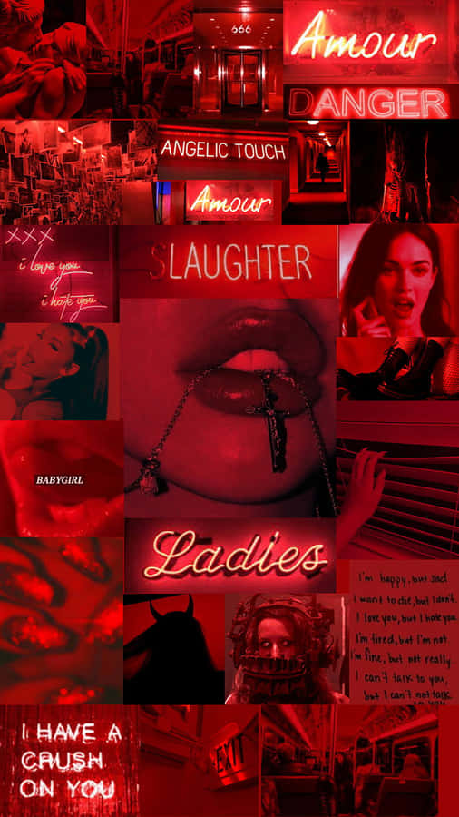 A Collage Of Red And Black Images With The Words Laughter Ladies Wallpaper