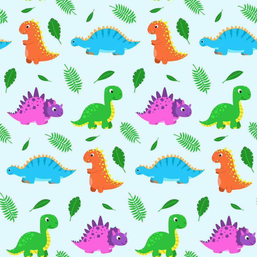 A Colorful Dinosaur Pattern With Leaves And Leaves Wallpaper