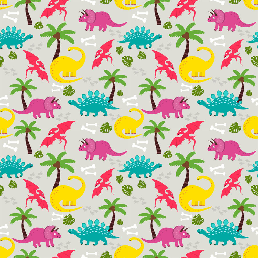 A Colorful Dinosaur Pattern With Palm Trees Wallpaper