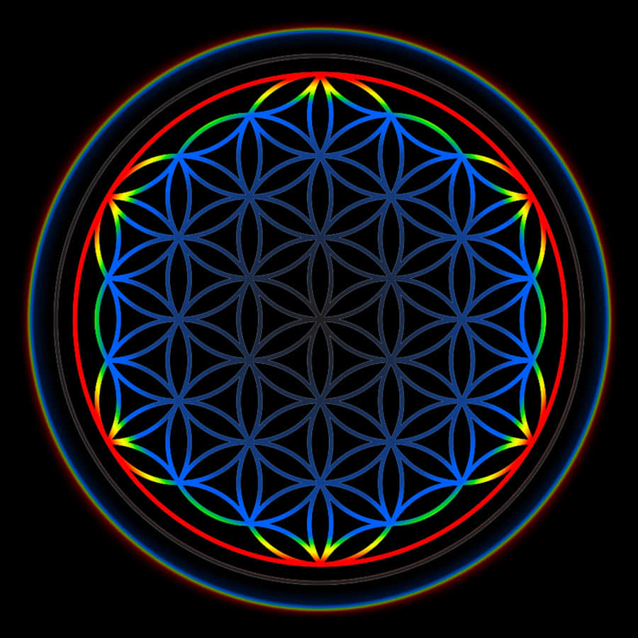 A Flower Of Life In A Circle With Colorful Lights Wallpaper