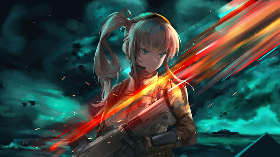 A Girl Holding A Gun In Front Of A Dark Background Wallpaper