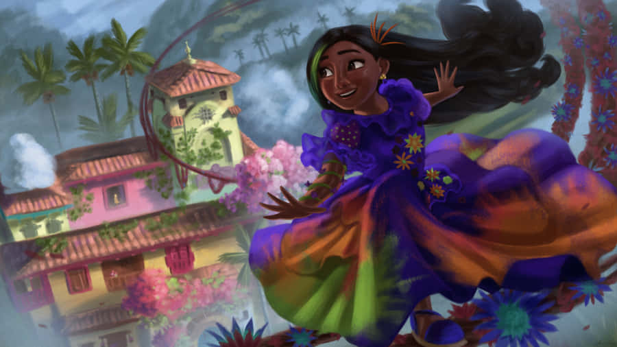 A Girl In A Colorful Dress Flying Over A Colorful House Wallpaper