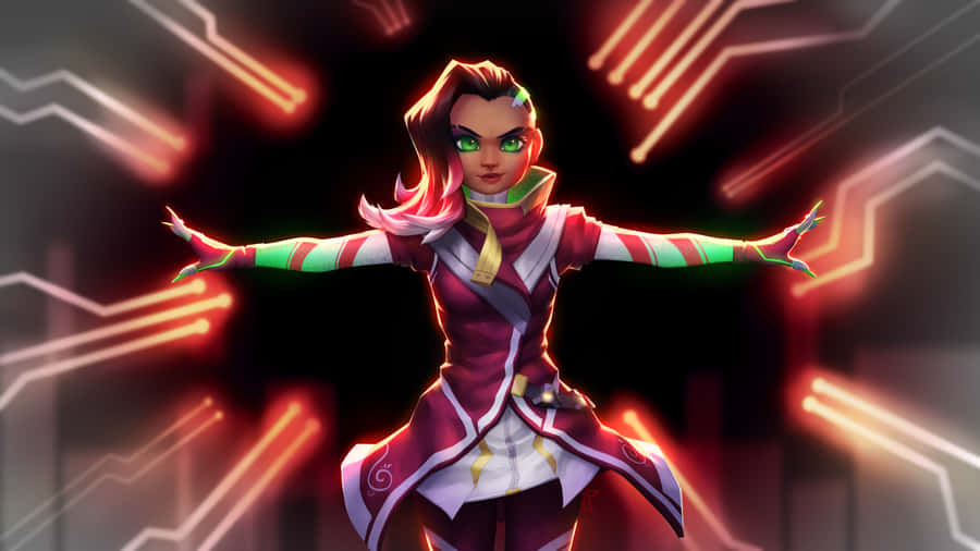 A Girl In A Red Outfit With A Green Hat Wallpaper