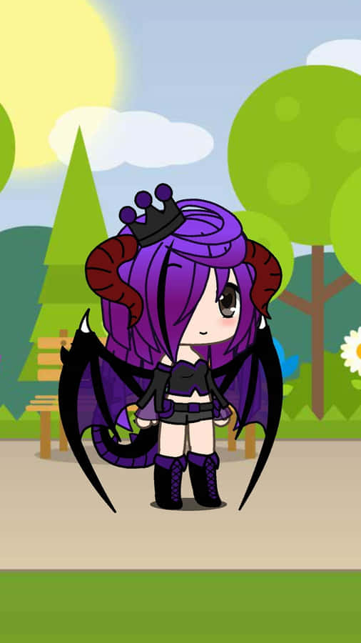 A Girl In Purple And Black Costume Is Standing In A Park Wallpaper