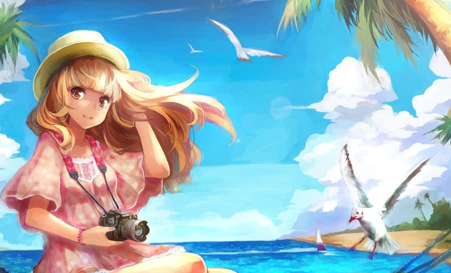 A Girl Is Sitting On The Beach With A Camera Wallpaper