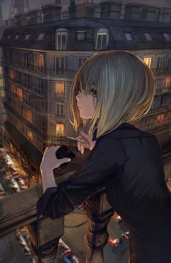 A Girl Looking Out Over The City At Night Wallpaper