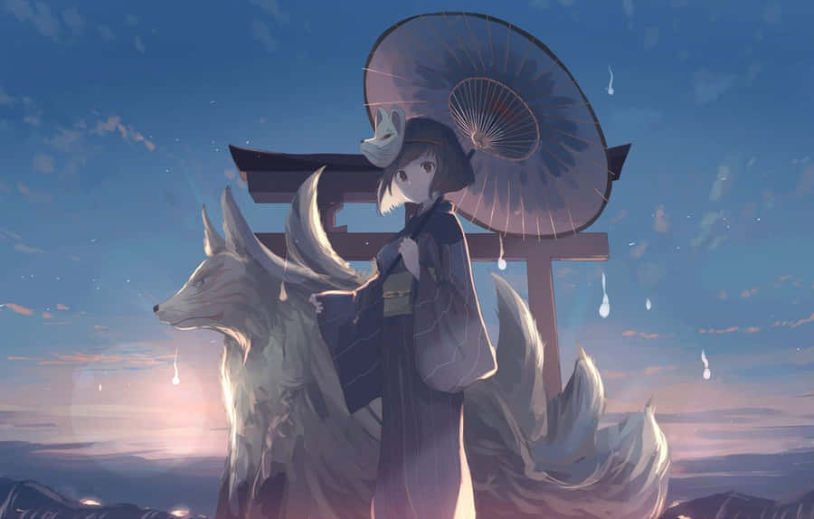 A Girl With A Fox And Umbrella Standing Next To A Waterfall Wallpaper