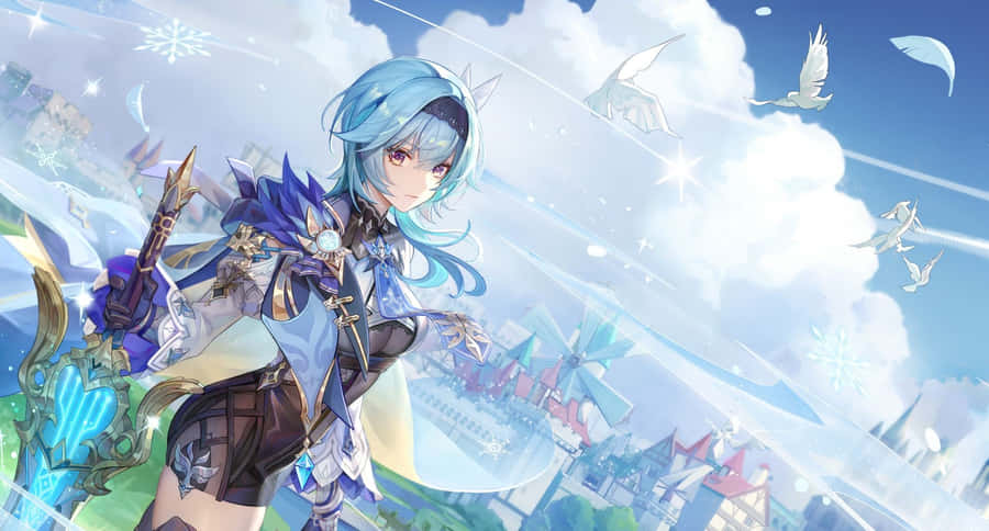 A Girl With Blue Hair And A Sword In The Sky Wallpaper