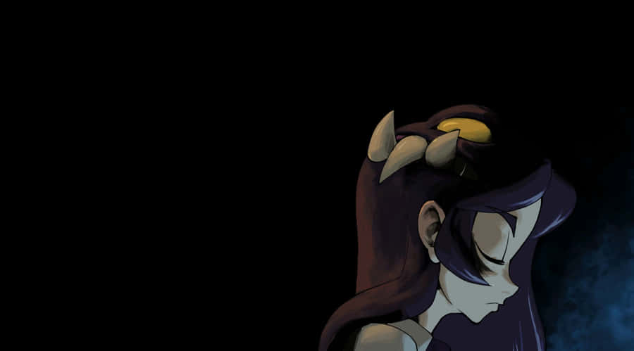 A Girl With Long Hair And Horns Is Standing In Front Of A Dark Background Wallpaper