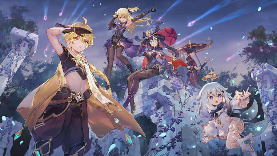 A Group Of Anime Characters Standing On Rocks Wallpaper