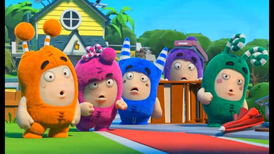 A Group Of Colorful Cartoon Characters Standing In Front Of A House Wallpaper