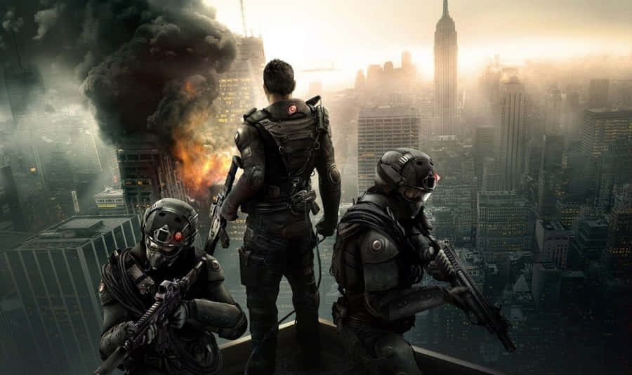 A Group Of Soldiers Standing On Top Of A Building With Smoke And Fire Wallpaper