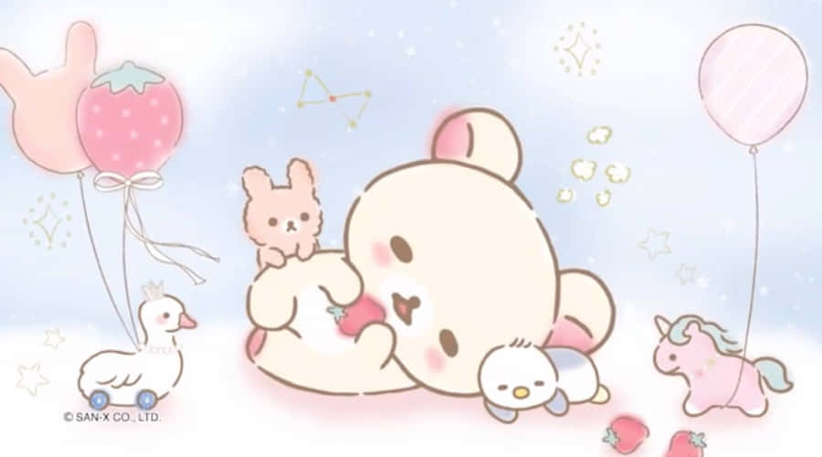 A Kawaii Teddy Bear With Balloons And Stuffed Animals Wallpaper