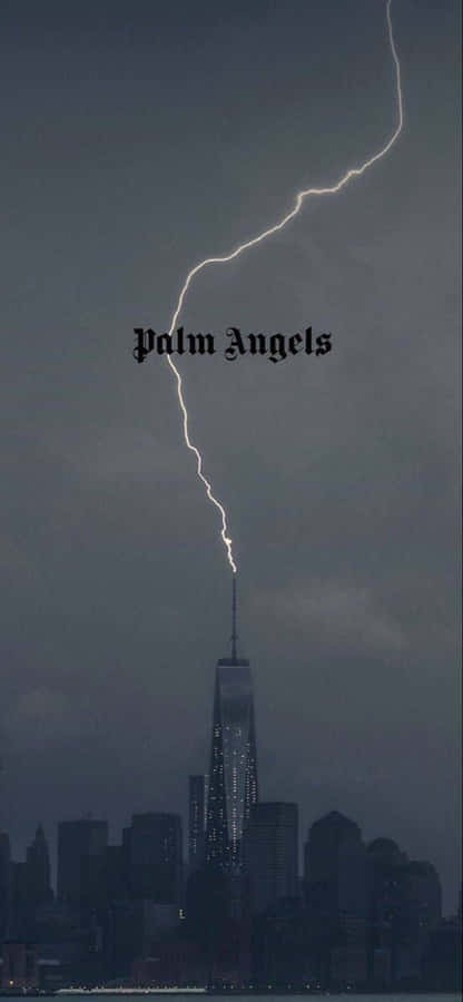A Lightning Bolt Is Shown Over A City With The Words Prum Angels Wallpaper