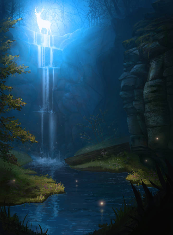 A Magical Deer Stands Beside A Majestic Waterfall. Wallpaper