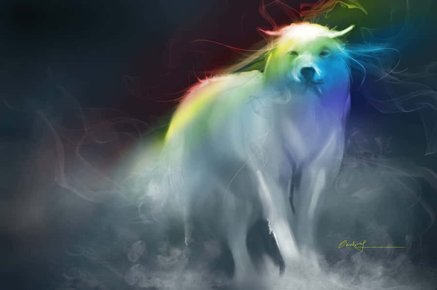 A Majestic Rainbow Wolf Standing In A Surreal Icy Wonderland Wallpaper