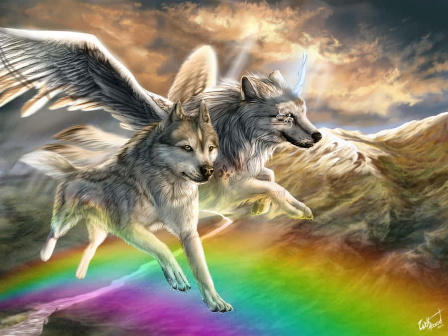 A Majestic Rainbow Wolf Striding Away From The Viewer. Wallpaper