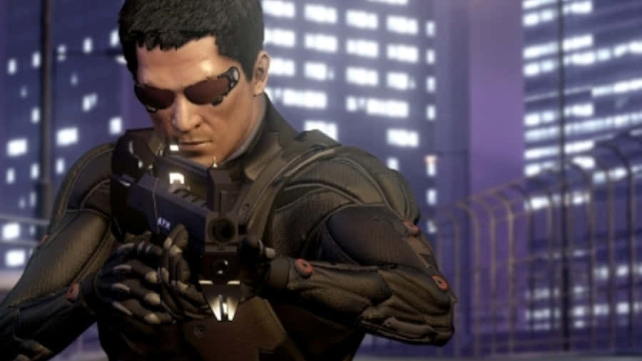 A Man In A Suit Holding A Gun In Front Of A City Wallpaper