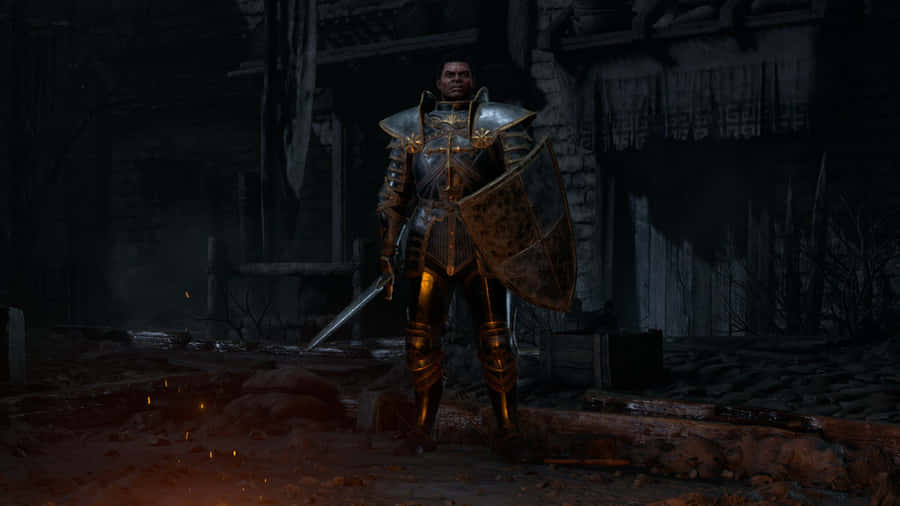 A Man In Armor Standing In A Dark Area Wallpaper