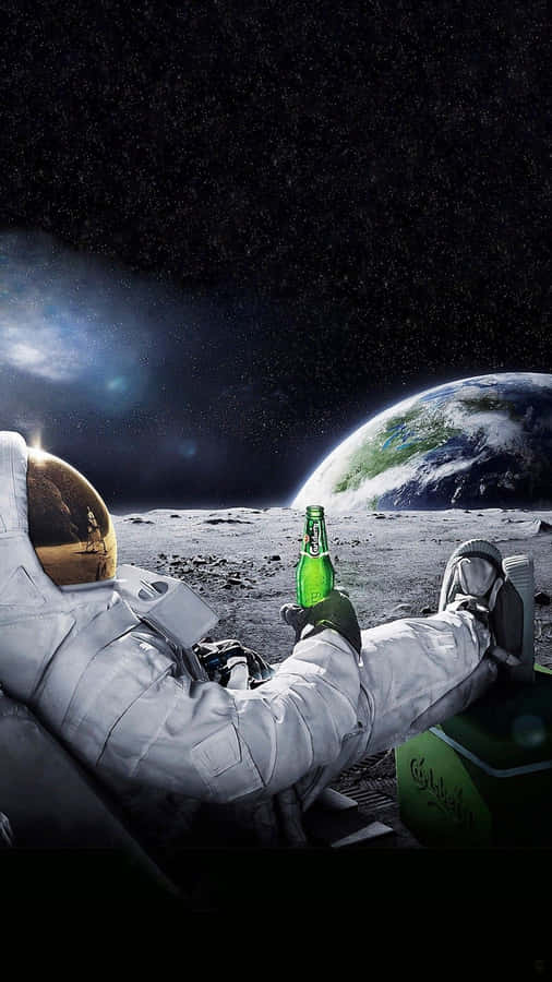 A Man In Space With A Beer Bottle Wallpaper