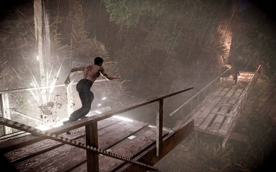 A Man Is Running On A Bridge In The Dark Wallpaper