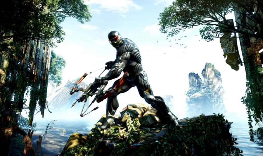 A Man Is Standing On A Rock In The Water Wallpaper